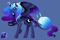 Size: 2151x1440 | Tagged: safe, artist:djspark3, character:princess luna, species:alicorn, species:kirin, species:pony, bat wings, blue background, cloven hooves, colored hooves, cutie mark, dappled, ethereal mane, ethereal wings, fangs, female, galaxy mane, glowing horn, hoof fingers, hybrid, hybrid wings, kirin luna, kirin-ified, leonine tail, scales, simple background, slit eyes, species swap, starry wings, winged kirin, wings