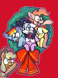 Size: 3000x4000 | Tagged: safe, artist:lunawoonanight, character:applejack, character:fluttershy, character:pinkie pie, character:rainbow dash, character:rarity, character:twilight sparkle, species:pony, christmas wreath, mane six, wreath