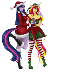 Size: 2000x2500 | Tagged: safe, artist:bunnynha, character:sunset shimmer, character:twilight sparkle, species:anthro, my little pony:equestria girls, butt touch, christmas, clothing, costume, female, hand on butt, hat, holiday, looking at you, santa costume, santa hat, simple background, transparent background