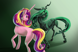 Size: 1800x1200 | Tagged: safe, artist:graypaint, character:princess cadance, character:queen chrysalis, species:changeling, changeling queen, female, wingless alicorn