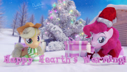 Size: 1920x1080 | Tagged: safe, artist:dashyoshi, character:applejack, character:pinkie pie, species:pony, 3d, christmas, clothing, hat, holiday, present, prone, santa hat, snow
