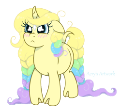 Size: 720x665 | Tagged: safe, artist:acry-artwork, oc, oc:acry, oc:acry weaver, species:pony, species:unicorn, blushing, braid, braided tail, cloven hooves, curved horn, horn, simple background, transparent background