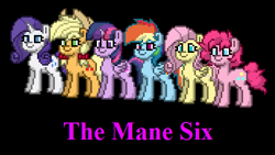 Size: 517x291 | Tagged: safe, artist:nukarulesthehouse1, character:applejack, character:fluttershy, character:pinkie pie, character:rainbow dash, character:rarity, character:twilight sparkle, character:twilight sparkle (alicorn), species:alicorn, species:pony, pony town, black background, character, game, game screencap, hero, mane six, protagonist, simple background