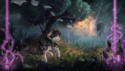 Size: 2000x1135 | Tagged: safe, artist:atlas-66, artist:melloncollie-chan, character:octavia melody, species:earth pony, species:pony, collaboration, fantasy, female, grass, mare, music notes, scenery, scenery porn, smiling, solo, tree