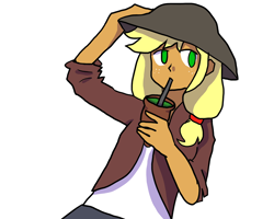 Size: 1280x1024 | Tagged: safe, artist:lunawoonanight, part of a set, character:applejack, species:human, brazilian fashion, clothing, cute, drink, female, hat, human coloration, humanized, jackabetes, mate, no pupils, simple background, solo, straw, white background