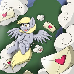 Size: 1280x1280 | Tagged: safe, artist:sugarwings-art, character:derpy hooves, species:pegasus, species:pony, blushing, cloud, cute, derpabetes, female, letter, love letter, open mouth, solo