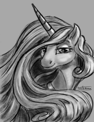 Size: 850x1100 | Tagged: safe, artist:noctomaeus, character:princess celestia, species:alicorn, species:pony, bust, female, grayscale, lidded eyes, mare, monochrome, portrait, smiling, solo