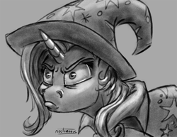 Size: 1100x850 | Tagged: safe, artist:noctomaeus, character:trixie, species:pony, species:unicorn, episode:on the road to friendship, angry, bust, cape, clothing, female, glare, grayscale, hat, mare, monochrome, portrait, solo, trixie's cape, trixie's hat