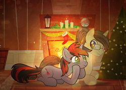 Size: 3928x2808 | Tagged: safe, alternate version, artist:rish--loo, oc, oc only, oc:eternal light, species:alicorn, species:pony, species:unicorn, alicorn oc, black and red mane, blue eyes, candle, christmas, christmas lights, christmas stocking, christmas tree, fireplace, glasses, green eyes, holiday, lying down, smiling, tree