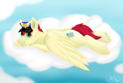 Size: 4292x2893 | Tagged: safe, alternate version, artist:saxpony, species:pegasus, species:pony, care package, cloud, digital painting, looking at you, lying down, mailpony, male, painting, special delivery, stallion
