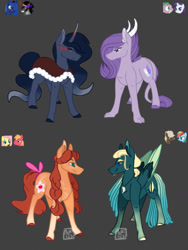 Size: 775x1032 | Tagged: safe, artist:artfestation, oc, oc only, parent:big macintosh, parent:dumbbell, parent:fluttershy, parent:king sombra, parent:princess luna, parent:rainbow dash, parent:rarity, parent:spike, parents:dumbdash, parents:fluttermac, parents:lumbra, parents:sparity, species:dracony, species:earth pony, species:pegasus, species:pony, species:unicorn, adoptable, bow, cape, clothing, colored hooves, colored wings, colored wingtips, eye smoke, fangs, female, freckles, gradient legs, gray background, horns, hybrid, interspecies offspring, male, mare, offspring, simple background, slit eyes, stallion, tail bow