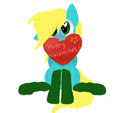 Size: 1870x1700 | Tagged: safe, artist:flaminbunny, oc, oc only, oc:autumn breeze, species:pony, blushing, clothing, female, heart eyes, holiday, mare, mouth hold, simple background, sitting, socks, solo, valentine, valentine's day, white background, wingding eyes