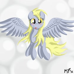 Size: 2000x2000 | Tagged: safe, artist:kinkyspree, character:derpy hooves, species:pegasus, species:pony, cloud, female, flying, high res, looking at you, mare, smiling, solo, spread wings, tongue out, wings