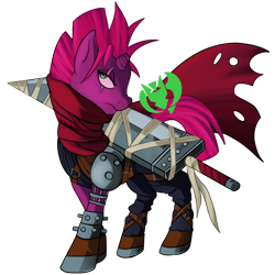 Size: 2400x2400 | Tagged: safe, artist:kenisu-of-dragons, character:tempest shadow, species:pony, species:unicorn, broken horn, buster sword, clothing, cloud strife, crossover, eye scar, female, final fantasy, final fantasy vii, frown, horn, mare, scar, simple background, solo, sword, transparent background, weapon