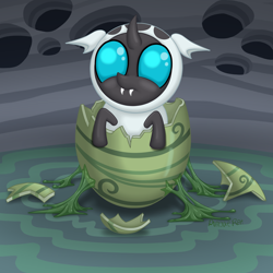 Size: 2100x2100 | Tagged: safe, artist:plaguerat, oc, oc only, species:changeling, fanfic:to be a changeling, changeling egg, changeling hive, changeling larva, changeling oc, changeling slime, cute, cuteling, egg, fanfic, fanfic art, fanfic cover, fangs, frown, hatching, holes, larva, leaning, looking at you, looking up, slime, solo
