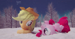 Size: 4096x2160 | Tagged: safe, artist:dashyoshi, character:applejack, character:pinkie pie, species:pony, 3d, night, snow, tree