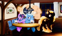 Size: 1159x689 | Tagged: safe, artist:syncallio, character:trixie, character:twilight sparkle, oc, ship:twixie, alcohol, blushing, drink, drunk, drunk twilight, female, lesbian, shipping, the great and alcoholics trixie