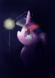 Size: 1748x2480 | Tagged: safe, artist:squeaky-belle, character:twilight sparkle, character:twilight sparkle (unicorn), species:pony, species:unicorn, cute, dark, female, floppy ears, fluffy, glow, glowing horn, looking at something, magic, mare, sitting, smiling, solo, spark, sparkles, spell, twiabetes
