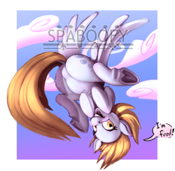 Size: 658x642 | Tagged: safe, artist:spaboofy, character:derpy hooves, species:pegasus, species:pony, cloud, dock, featureless crotch, female, frog (hoof), looking at you, mare, open mouth, sky, solo, spread legs, spreading, underhoof