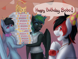 Size: 3300x2500 | Tagged: safe, artist:jessicanyuchi, oc, oc:rdash, oc:stormwind, oc:tiorafa, species:dragon, species:pony, birthday, birthday present, bobo, food, happy birthday, pizza, present