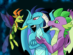 Size: 2048x1536 | Tagged: safe, artist:artfestation, artist:kindheart525, character:princess ember, character:spike, character:thorax, species:changeling, species:dragon, species:reformed changeling, kindverse, ship:emberspike, ship:thoraxspike, bisexual, embrax, female, gay, interspecies, macro, male, older, older spike, ot3, shipping, size difference, spembrax, straight