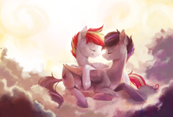 Size: 3508x2376 | Tagged: safe, artist:graypaint, oc, oc:scribble, species:pegasus, species:pony, cloud, duo, snuggling