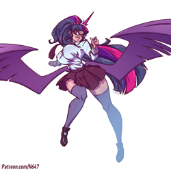 Size: 800x800 | Tagged: safe, artist:n647, character:twilight sparkle, character:twilight sparkle (scitwi), species:eqg human, species:human, my little pony:equestria girls, big wings, breasts, busty twilight sparkle, butt wings, clothing, female, glasses, horned humanization, humanized, miniskirt, pleated skirt, ponytail, scitwilicorn, simple background, skirt, socks, solo, stockings, thigh highs, waist wings, white background, winged humanization, wings, zettai ryouiki