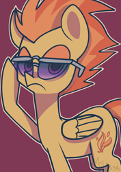 Size: 1280x1807 | Tagged: safe, artist:lunawoonanight, character:spitfire, species:pegasus, species:pony, female, lidded eyes, mare, red background, simple background, solo, sunglasses