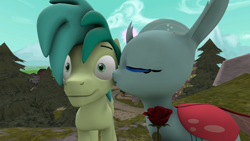 Size: 1920x1080 | Tagged: safe, alternate version, artist:andrescortez7, character:ocellus, character:sandbar, species:changeling, species:earth pony, species:pony, species:reformed changeling, ship:ocelbar, 3d, female, flower, interspecies, kiss on the cheek, kissing, male, rose, shipping, source filmmaker, straight