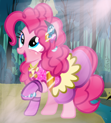 Size: 2376x2640 | Tagged: safe, artist:parisa07, character:pinkie pie, species:pony, clothing, crepuscular rays, cute, diapinkes, dress, female, forest, river, solo, stream