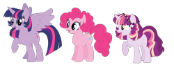 Size: 1256x472 | Tagged: safe, artist:rosebuddity, character:pinkie pie, character:twilight sparkle, character:twilight sparkle (alicorn), parent:pinkie pie, parent:twilight sparkle, parents:twinkie, species:alicorn, species:pony, ship:twinkie, family, female, lesbian, magical lesbian spawn, offspring, shipping
