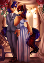 Size: 1748x2480 | Tagged: safe, artist:iblisart, oc, oc only, oc:electric spark, oc:sweet voltage, species:anthro, species:plantigrade anthro, species:pony, species:unicorn, clothing, commission, dress, female, flower, formal, formal dress, gemini ties, gray eyes, male, marriage, oc x oc, pants, ranchtown, rose, semi-anthro, siblings, suit, tuxedo, voltspark, wedding, wedding dress
