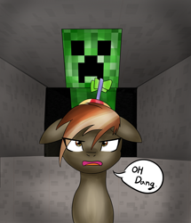 Size: 3100x3600 | Tagged: safe, artist:linlaifeng, character:button mash, species:earth pony, species:pony, clothing, colt, creeper, dialogue, don't mine at night, eye clipping through hair, floppy ears, foal, hat, imminent explosion, male, minecraft, open mouth, propeller hat, solo, speech bubble, this will end in death, this will end in explosions