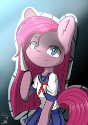 Size: 2480x3507 | Tagged: safe, artist:linlaifeng, character:pinkamena diane pie, character:pinkie pie, species:pony, cute, cuteamena, diapinkes, ear fluff, female, hoof hold, knife, sailor uniform, solo, yandere, yandere pie, yandere simulator