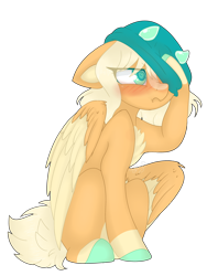 Size: 3072x4096 | Tagged: safe, artist:missclaypony, oc, oc only, species:pegasus, species:pony, blushing, chest fluff, clothing, colored hooves, female, floppy ears, hat, mare, simple background, sitting, solo, three quarter view, transparent background, two toned wings