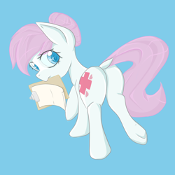 Size: 3000x3000 | Tagged: safe, artist:billysan727, character:nurse redheart, species:earth pony, species:pony, adoredheart, blue background, colored pupils, cute, dock, eye clipping through hair, female, heartabetes, looking back, mare, mouth hold, plot, simple background, solo