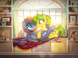 Size: 1994x1483 | Tagged: safe, artist:rish--loo, artist:rish_loo, oc, oc only, oc:doge, oc:oasis, species:earth pony, species:pegasus, species:pony, blanket, blushing, book, bookshelf, collar, cuddling, cute, female, lamp, lesbian, looking at each other, mare, oc x oc, on top, picture, picture frame, pillow, shelf, shipping, show accurate, sun, sunlight, window