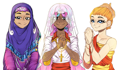 Size: 4535x2570 | Tagged: safe, artist:schokocream, character:princess flurry heart, character:pumpkin cake, oc, species:human, my little pony:equestria girls, alternate hairstyle, beads, buddhism, catholicism, christianity, colored, cross, dark skin, description is relevant, freckles, happy, hijab, humanized, islam, jewelry, looking at you, mixed, necklace, next generation, older, older flurry heart, older pumpkin cake, positive ponies, prayer beads, prayer veil, praying, rosary, saddle arabia, saddle arabian, simple background, smiling, trio, veil, white background, white pupils