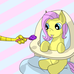 Size: 1600x1600 | Tagged: safe, artist:m3g4p0n1, character:discord, character:fluttershy, feeding, female, filly, filly fluttershy, foal, offscreen character, spoon, tongue out, younger