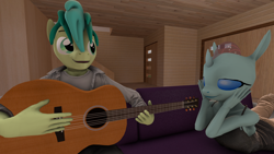 Size: 1920x1080 | Tagged: safe, artist:andrescortez7, character:ocellus, character:sandbar, species:anthro, species:changeling, species:earth pony, species:pony, species:reformed changeling, ship:ocelbar, 3d, clothing, female, guitar, interspecies, male, romantic, shipping, singing, source filmmaker, straight