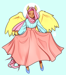 Size: 1354x1522 | Tagged: safe, artist:alvrexadpot, character:fluttershy, species:human, blushing, clothing, eared humanization, eyes closed, female, halo, hijab, humanized, islam, islamashy, jewelry, long skirt, necklace, religion, see-through, skirt, solo, tail, tailed humanization, winged humanization, wings
