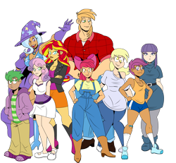 Size: 3900x3600 | Tagged: safe, artist:chillguydraws, character:apple bloom, character:big mcintosh, character:derpy hooves, character:maud pie, character:scootaloo, character:spike, character:sunset shimmer, character:sweetie belle, character:trixie, species:human, boots, bow, breasts, cape, cleavage, clothing, curvy, cutie mark crusaders, dress, female, hat, high heel boots, hourglass figure, humanized, jacket, jeans, light skin, male, mary janes, miniskirt, moderate dark skin, pants, shirt, shoes, shorts, simple background, skirt, socks, tank top, transparent background, trixie's cape, trixie's hat