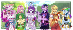 Size: 4251x1764 | Tagged: safe, artist:schokocream, character:applejack, character:fluttershy, character:pinkie pie, character:rainbow dash, character:rarity, character:twilight sparkle, species:human, clothing, crossover, cute, eeveelutions, espeon, female, flareon, glaceon, humanized, jolteon, leafeon, mane six, pokémon, smiling, sylveon