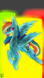Size: 540x960 | Tagged: safe, artist:missclaypony, character:rainbow dash, species:pegasus, species:pony, fanfic:rainbow factory, cutie mark, female, flying, mare, mouth hold, pinpoint eyes, rainbow factory dash, solo, spectra, vial