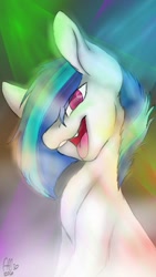 Size: 540x960 | Tagged: safe, artist:missclaypony, character:dj pon-3, character:vinyl scratch, species:pony, eye clipping through hair, female, hair over one eye, looking at you, mare, missing accessory, missing horn, open mouth, rave, solo, vinyl missing her horn