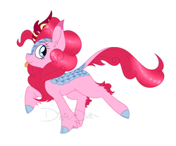 Size: 1280x1066 | Tagged: safe, artist:dippin-dott, character:pinkie pie, species:kirin, blep, cloven hooves, colored hooves, female, kirin pinkie, kirin-ified, race swap, silly, simple background, solo, species swap, tongue out, white background