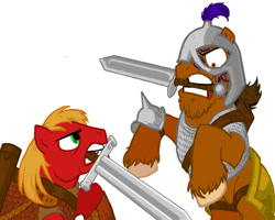 Size: 1000x800 | Tagged: safe, artist:wisdom-thumbs, character:big mcintosh, oc, species:earth pony, species:pony, armor, clothing, colored hooves, duel, duo, hooves, male, mouth hold, simple background, stallion, sword, weapon, white background