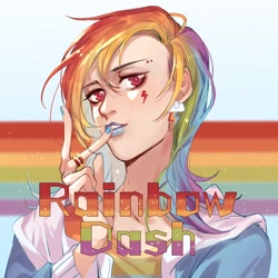 Size: 1024x1024 | Tagged: safe, artist:xieyanbbb, character:rainbow dash, species:human, clothing, ear piercing, earring, female, finger, humanized, jacket, jewelry, nail polish, nails, piercing, rainbow, rainbow hair, ring, solo, tattoo, text