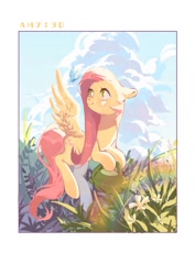 Size: 724x1024 | Tagged: safe, artist:xieyanbbb, character:fluttershy, species:pegasus, species:pony, butterfly, cloud, cloudy, female, flying, grass, mare, morning, sky, solo, time, timestamp, watering can