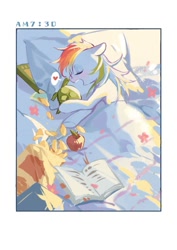 Size: 724x1024 | Tagged: safe, artist:xieyanbbb, character:rainbow dash, character:tank, species:pegasus, species:pony, apple, bed, bedroom, bedsheets, book, chips, dialogue, female, food, heart, mare, morning, sleeping, solo focus, speech bubble, time, timestamp, tortoise